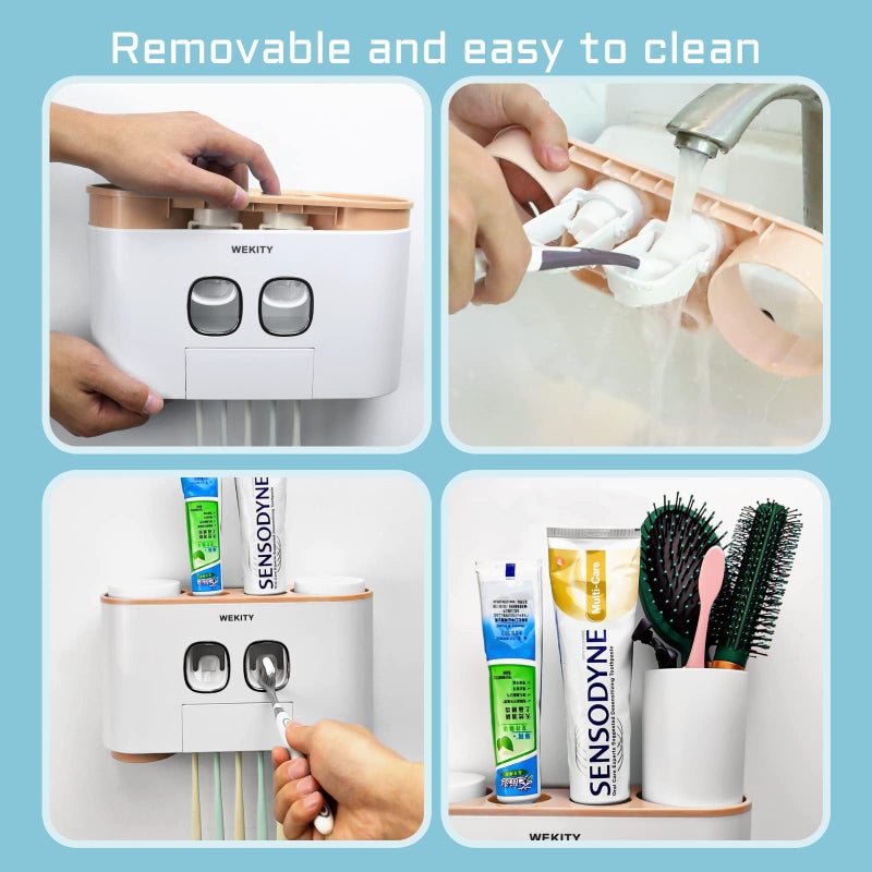 Wekity Toothbrush Holder Wall Mounted  WEKITY Multi-Functional Toothbrush and Toothpaste Dispenser for Bathroom  with 5 Toothbrush Slots  2 Toothpaste Squeezers and 4 Cups(Pink) - Image 5